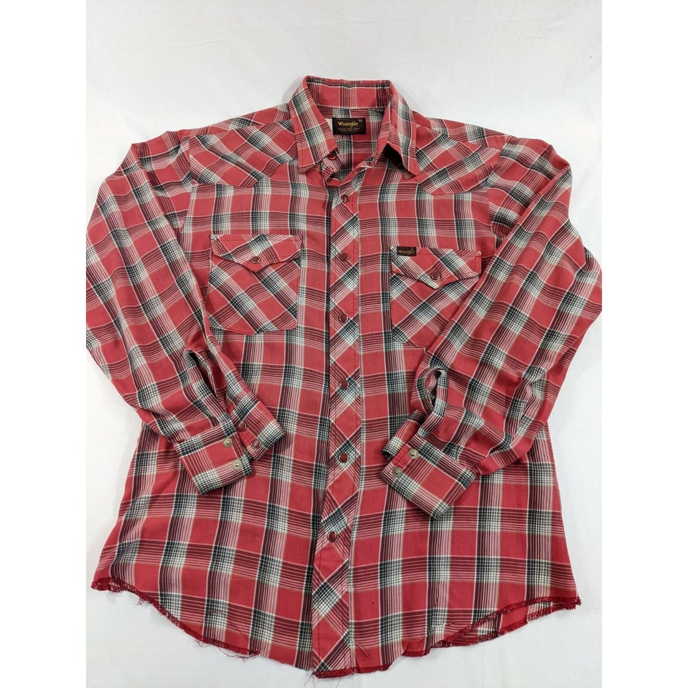 True Vintage WRANGLER Pearl Snap Cowboy Western Plaid Red Rum Summer Shirt Med